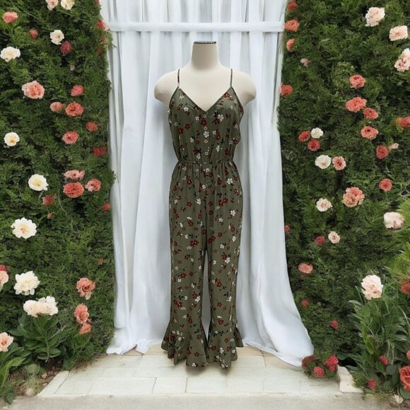 Floral Olive Green Spaghetti Strap Jumpsuit With Ruffle Hem & Button Detail - Picture 1 of 9